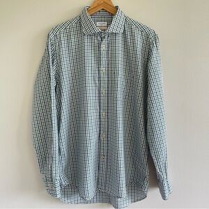 Tom James Men's Button Up Shirt Blue/Green Checkered Pattern Size Medium
